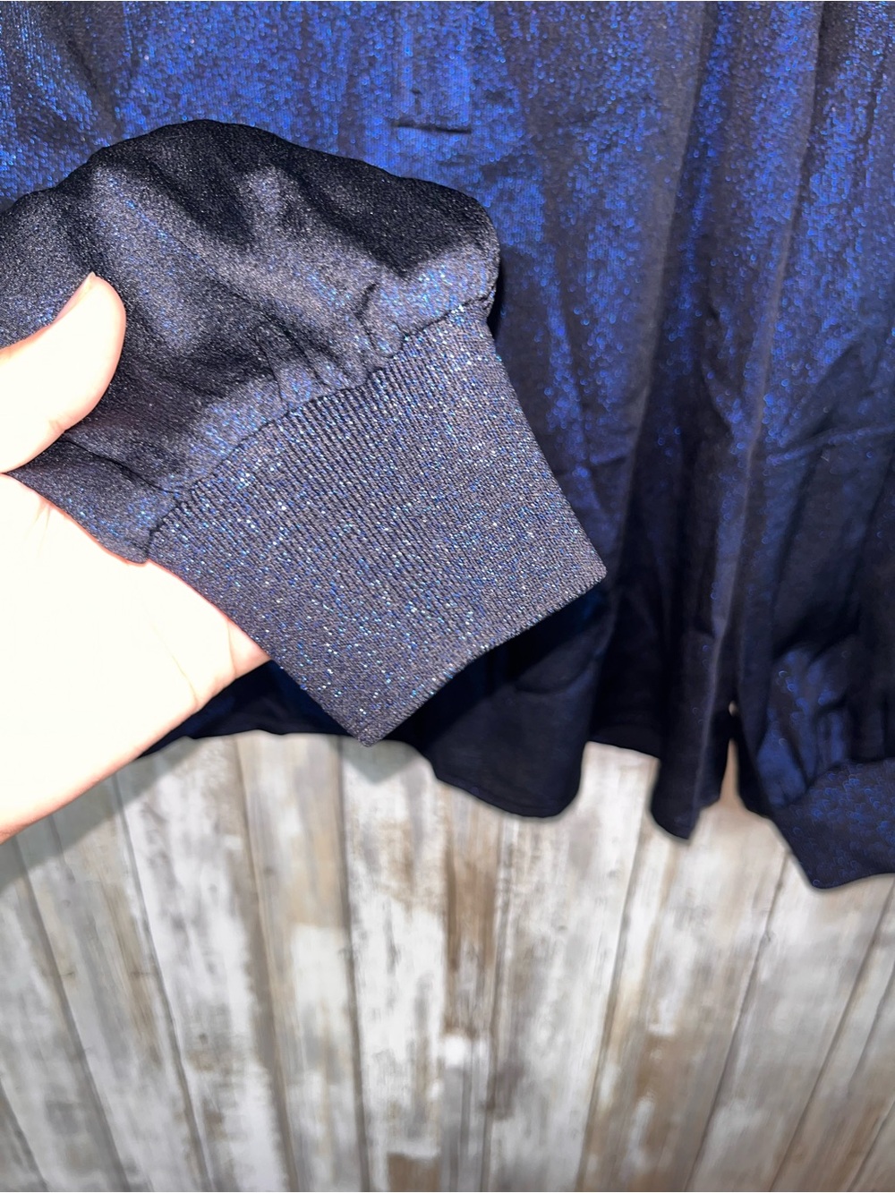 Current Air Metallic Shimmer Navy Blue V Neck Blouse Puff Sleeve Small - Picture 3 of 4